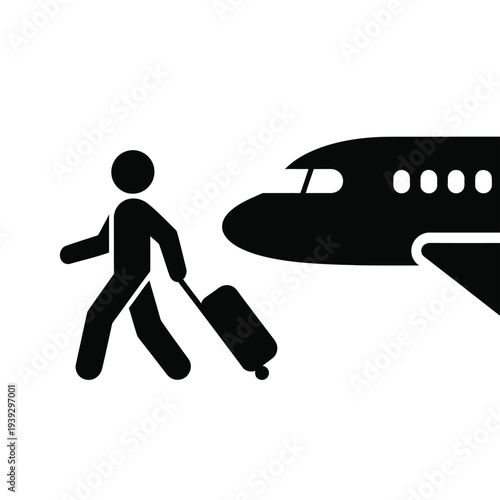Black silhouette person with luggage walking towards airplane