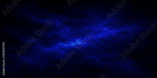 A cinematic abstract blue sky background features a textured cloudscape where dark storm clouds and light motion blend into a nature-inspired design of smoke and water