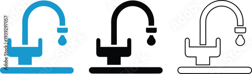 Kitchen Sink Faucet with Water Drop Icon Set in Color Black and Outline Style