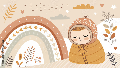 Cute baby wrapped in blanket sleeping next to colorful rainbow