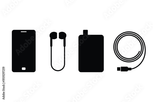Black smartphone with earphones power bank and u s b cable
