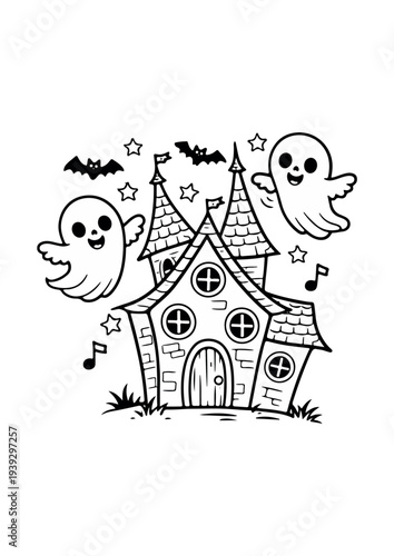 Cute Haunted House With Floating Ghosts Halloween Coloring Page