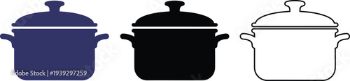 Cooking Pot with Lid Kitchen Icon Set in Color Black and Outline Style