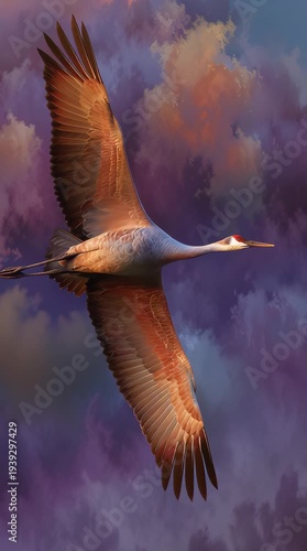 A graceful white and brown bird soaring through a colorful, cloudy sky at dusk