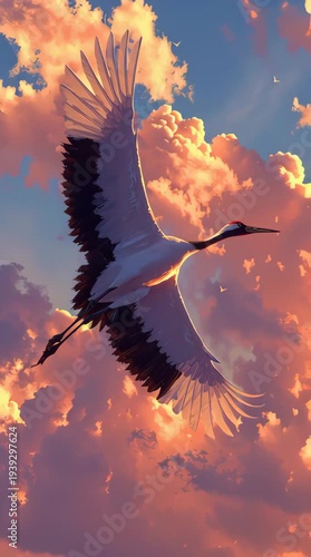 A graceful bird soaring through vibrant sunset clouds with warm orange and pink hues