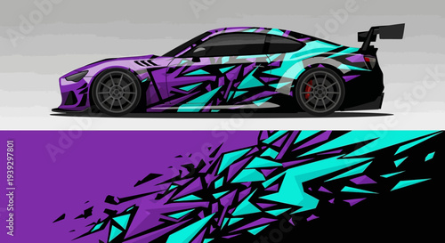 Colorful abstract race car illustration with teal and purple graphics on a sleek sports machine.