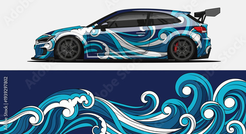 Blue sports car with ocean wave artwork and dynamic graffiti-inspired design.