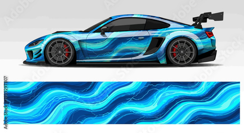 Sleek blue sports car beside stylized blue wave pattern, showcasing dynamic transport imagery.