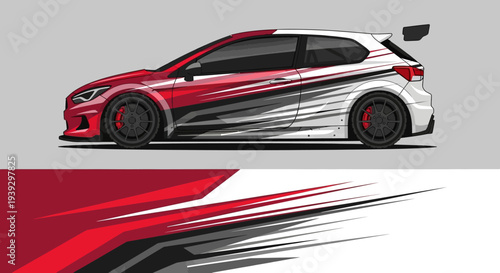 Side profile of a red and white race car featuring bold graphics, racing stripes, and dynamic design.