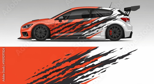 High-speed race car with bold red and black brushstroke graphics and spoiler.