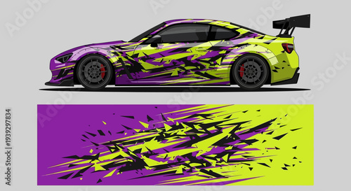 Colorful neon graffiti livery on a high-speed race car.