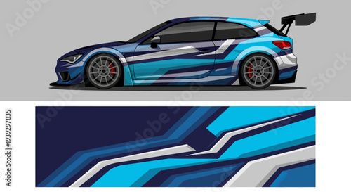Blue graphic sports car with aerodynamically styled decals and racing wing in a sleek studio illustration.