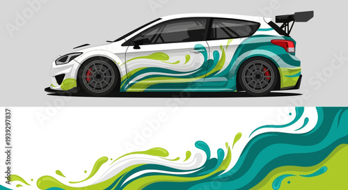 Vibrant race car with blue green wave graphics and aerodynamic spoiler.