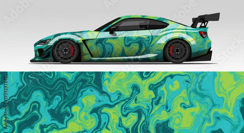 Vibrant turquoise race car with abstract blue pattern design across sleek body for dynamic transport imagery.