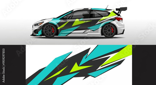 Vibrant geometric race car wrap on a high performance transport vehicle with blue, green, and yellow accents.