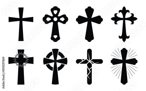 Eight different black cross on white background religious