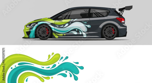 Vibrant Wrap Design on Sports Car with Abstract Splash Graphics.