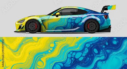 Vibrant custom sports car with graffiti design beside abstract flowing pattern.