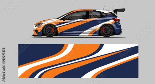Racing orange and blue striped sedan with aerodynamic styling and bold livery, showcased as a striking transport vehicle.