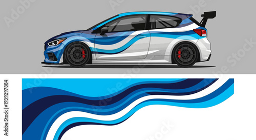 Sleek blue race car with flowing abstract wave design and aerodynamic silhouette on display.