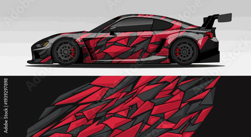 Red Geometric Patterned Race Car Exterior Emphasizing Sleek Aerodynamics.