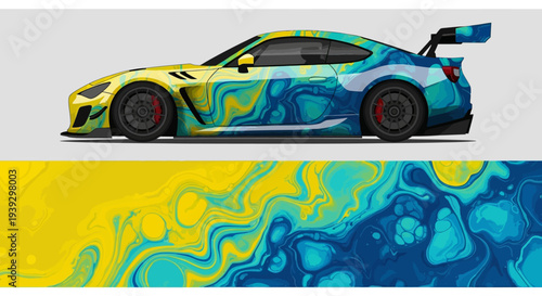 Colorful racing racecar with swirling abstract paint design and dynamic sport silhouette.