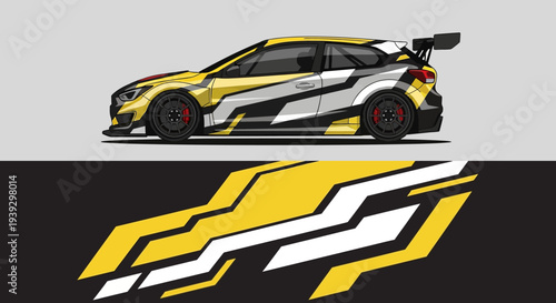 Yellow and Black Race Car with Bold Graphics and Dynamic Livery on Track.