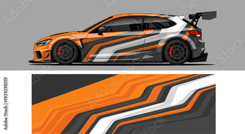Orange sportscar with dynamic graphics and racing livery on a track, bold design elements.