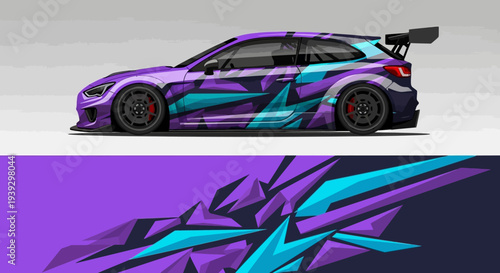 Vibrant race car with geometric teal purple graphics and sleek profile in motion.
