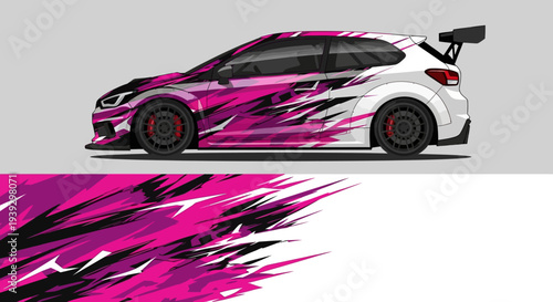 Sleek pink and purple racing car with bold graphic livery and aerodynamic design.
