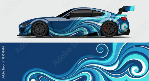 Dynamic blue sports car with flame artwork above oceanic waves, futuristic automotive illustration.