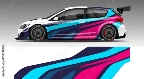 Vibrant race car wrap with blue pink and teal graphics and dynamic stripes.