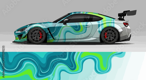 Sleek blue and green racecar with abstract wrap and fluid swirl graphics.