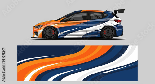 Sleek orange and blue race car with bold graphics and aerodynamic accents on a stylized track banner.