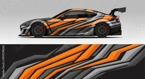 High performance orange black sport car with sleek aerodynamic race livery in motion.