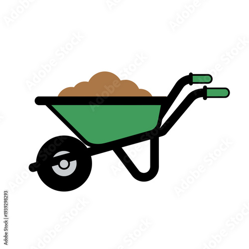 Green wheelbarrow filled with soil side view