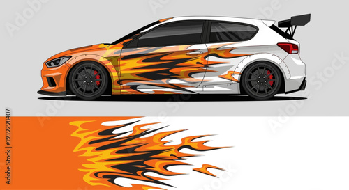 Orange race car with bold flaming graphics on side and aerodynamic design for speed and performance.