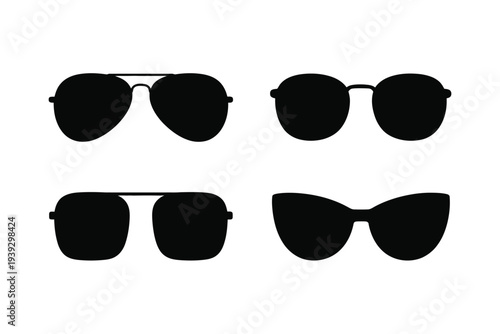 Four different styles of black sunglasses in silhouette