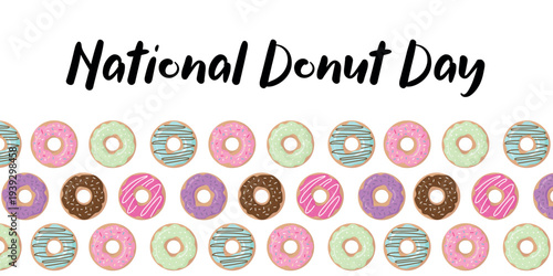 National Donut Day Banner with Colorful Donut Pattern