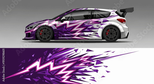Purple geometric wrapped race car with bold zigzag graphics and rear spoiler on track.