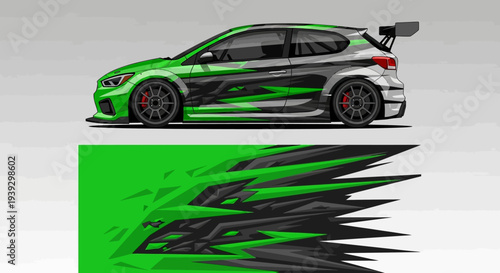Green and black high performance sports car with dynamic graphic livery and sleek aerodynamic design.