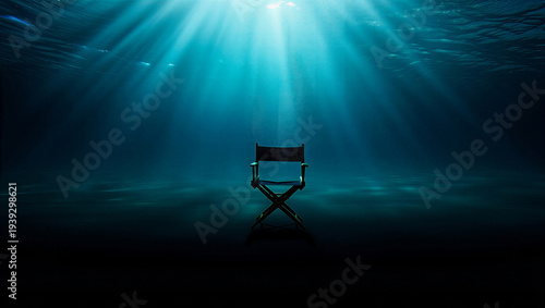 Underwater scene with a director chair sitting on ocean floor lit by sun rays transparent background