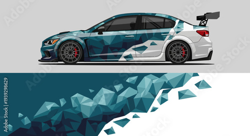 Teal accented sports car with rear spoiler on a geometric abstract backdrop for dynamic transport imagery.