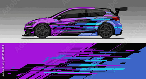 Vibrant Wrapped Car with Abstract Digital Graphics and Neon Colors.