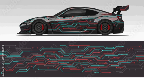 Sleek Black and Red Race Car on a High Speed Track.