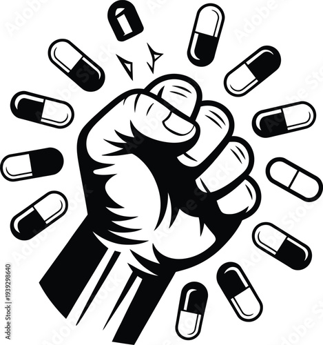 A clenched fist surrounded by pills in a black and white design
