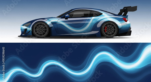 Blue Sports Car in Motion with Aerodynamic Design and Futuristic Profile.