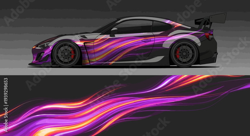 Vibrant Purple Flame Racing Car with Dynamic Neon Graphics in Motion.