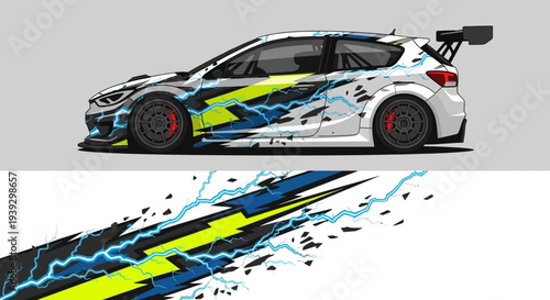 High-Speed Race Car with Bold Blue, Yellow, and White Livery in Dynamic Graphics.