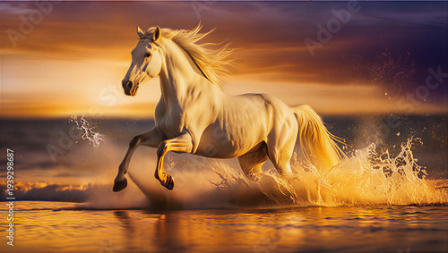 White horse running through ocean water at sunset on beach shore free space transparent background